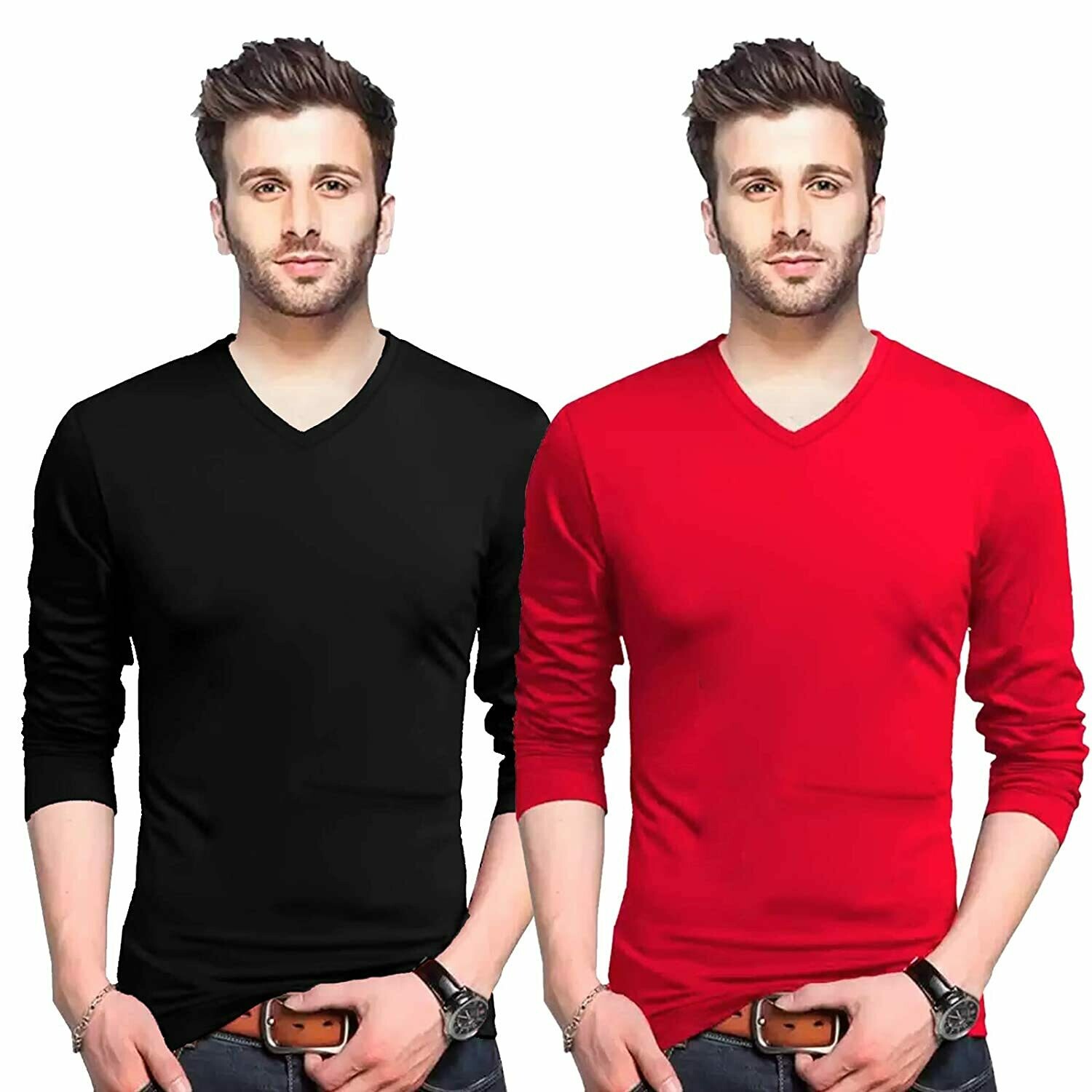 BLACK , RED . FULL HAND V NECK COTTON T-SHIRT