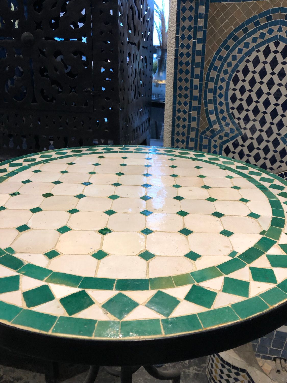 Marokkaanse Mozaiek tafel  (blad)  60 cm Creme-Groen Handgemaakt