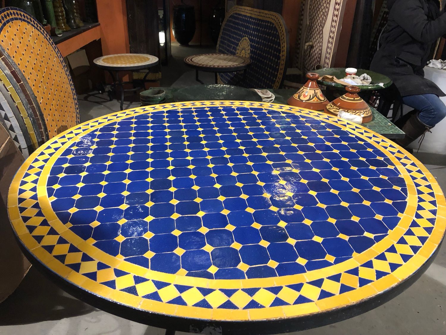 Marokkaanse Mozaiek tafel (blad) 100 cm Blauw-Geel Handgemaakt