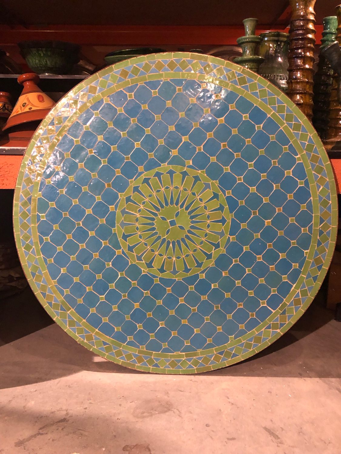 Marokkaanse Mozaiek tafel (blad) Met ROZET 100 cm Turqouise-Appelgroen 
