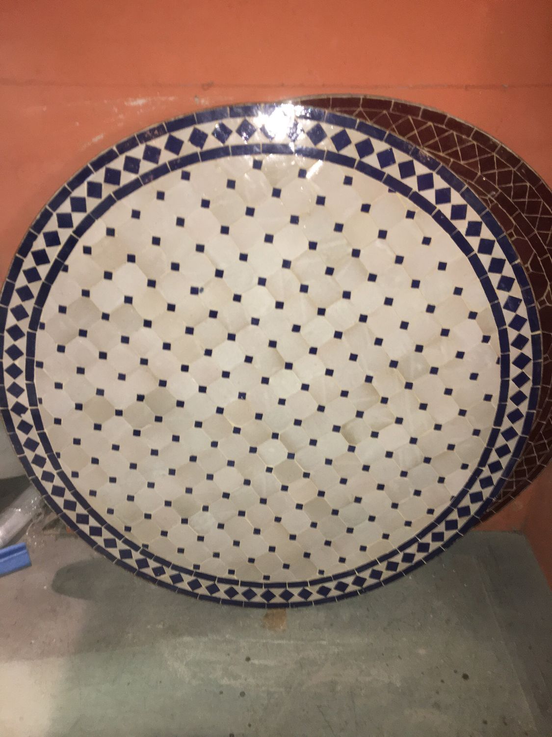Marokkaanse Mozaiek tafel (blad) 100 cm Creme-Blauw Handgemaakt