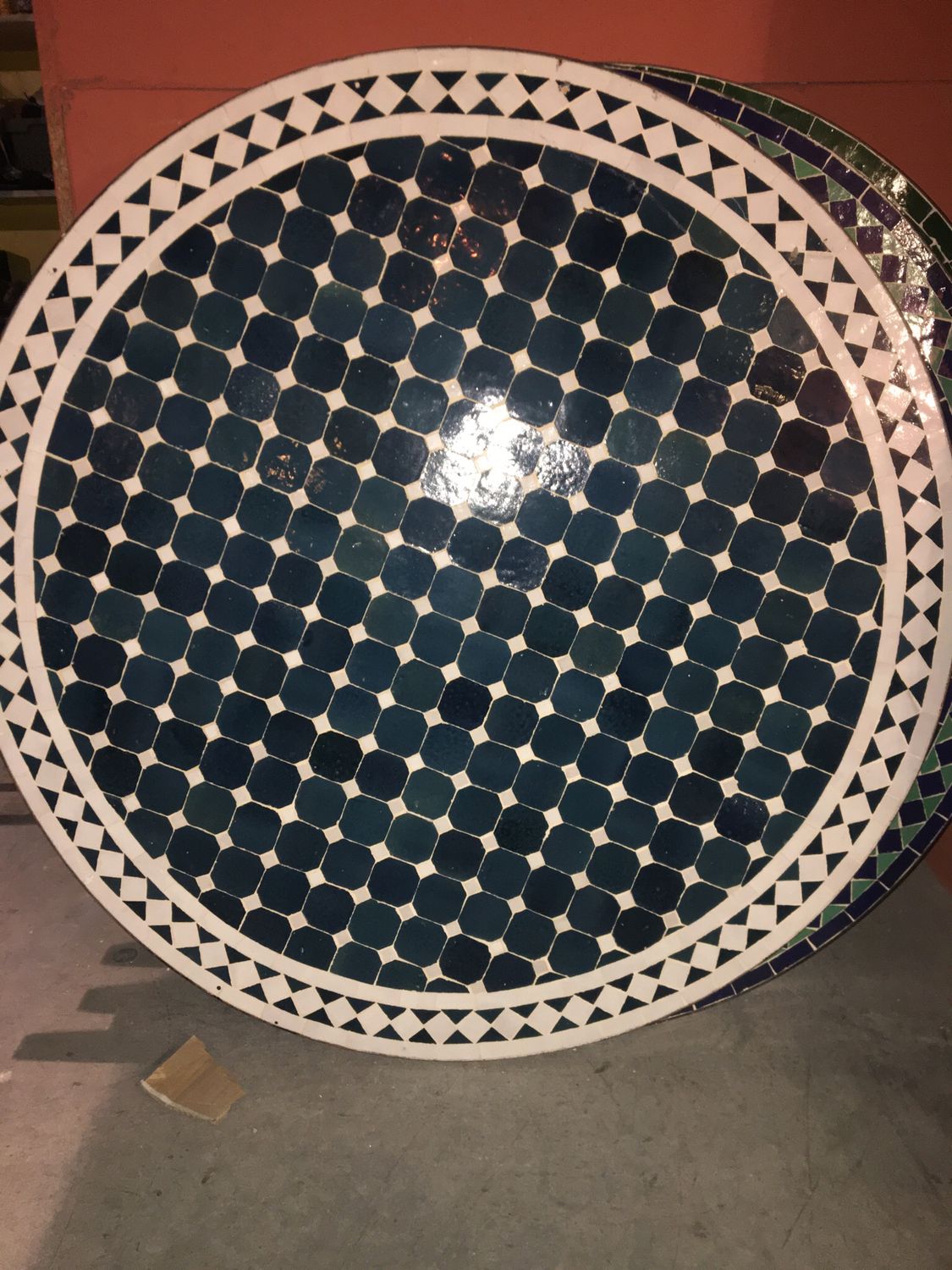 Marokkaanse Mozaiek tafel (blad) 100 cm Petrolblauw-Wit Handgemaakt