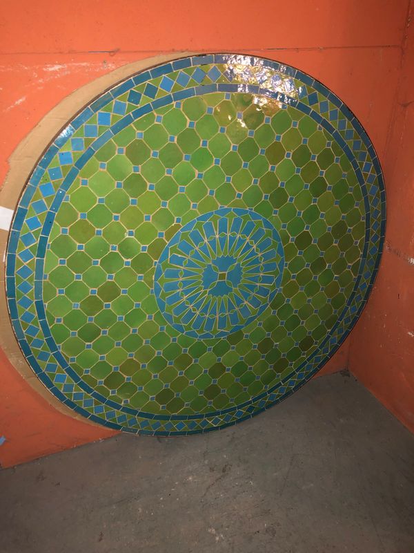 Marokkaanse Mozaiek tafel (blad) Met ROZET 100 cm Appelgroen-Turqouise blauw