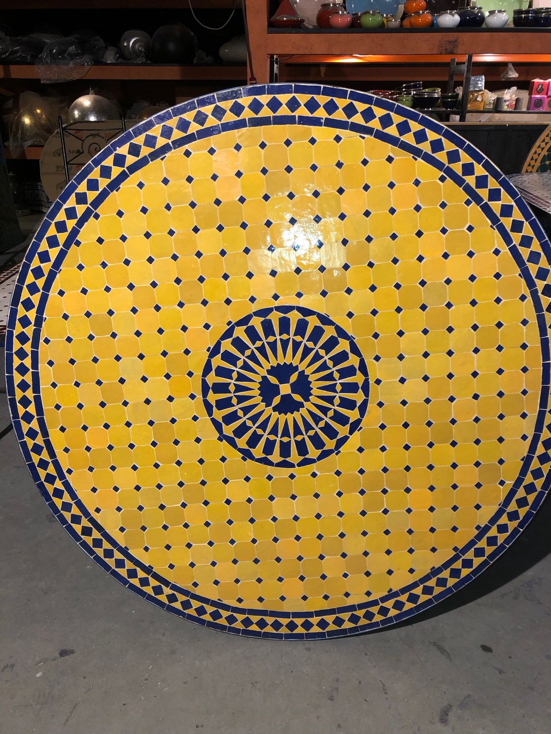 Marokkaanse Mozaiek tafel (blad) Met ROZET Geel-Blauw 120 cm