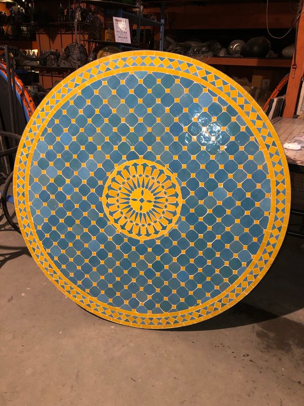 Marokkaanse Mozaiek tafel (blad) Met ROZET 120 cm Turqouise blauw-Geel