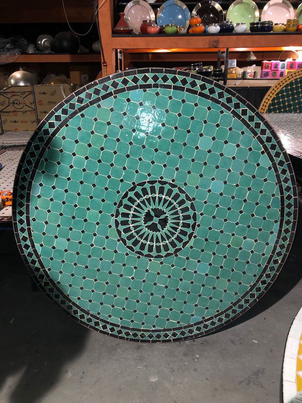 Marokkaanse Mozaiek tafel (blad) Met ROZET 120 cm Zeegroen-Zwart