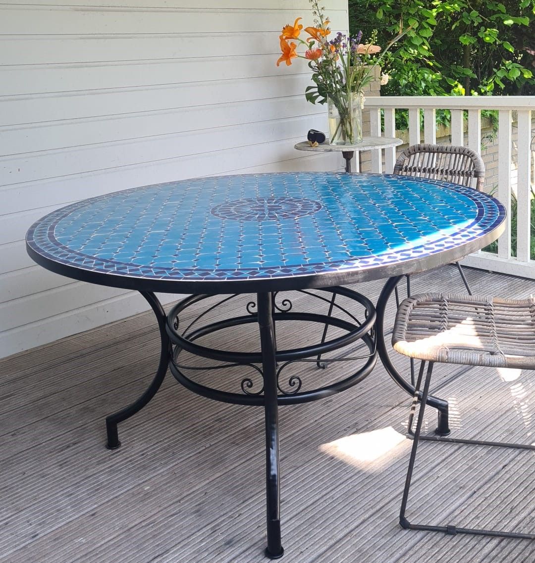 Marokkaanse Mozaiek tafel (blad) Met ROZET 140 cm Turqouiseblauw- Blauw