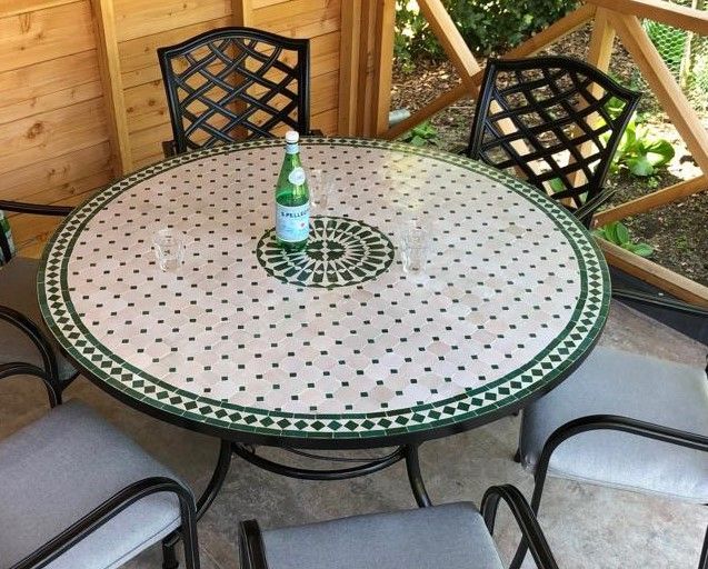 Marokkaanse Mozaiek tafel (blad) Met ROZET 140 cm Creme-Groen