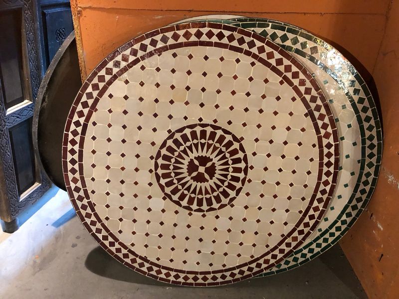Marokkaanse Mozaiek tafel (blad) Met ROZET 100 cm Creme-Bordeauxrood 