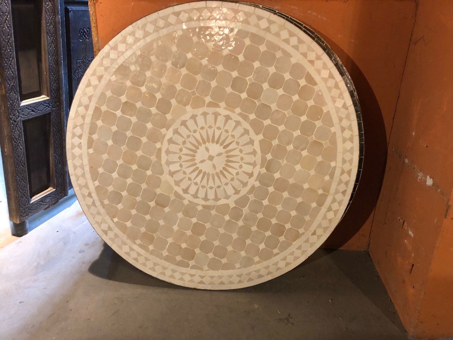 Marokkaanse Mozaiek tafel (blad) Met ROZET 100 cm Creme-Wit Handgemaakt 