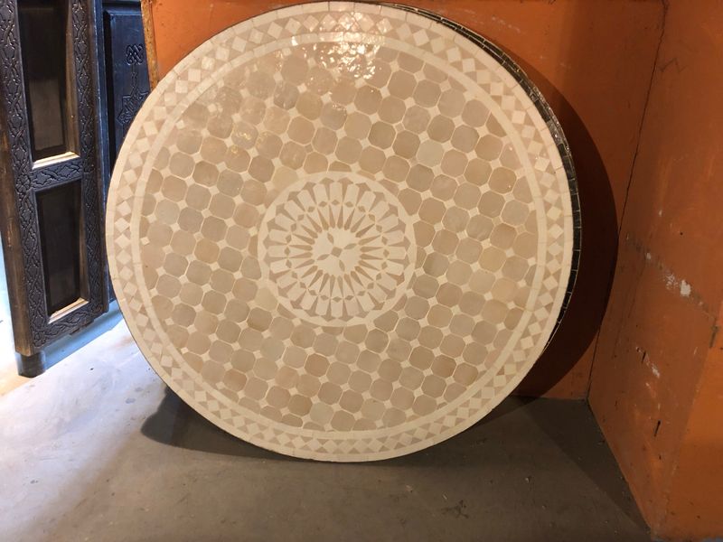 Marokkaanse Mozaiek tafel (blad) Met ROZET 100 cm Creme-Wit Handgemaakt 