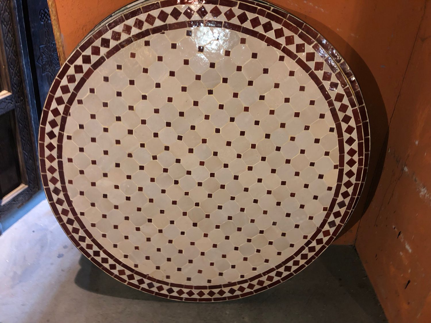 Marokkaanse Mozaiek tafel (blad) 100 cm Creme-Bordeauxrood Handgemaakt nw