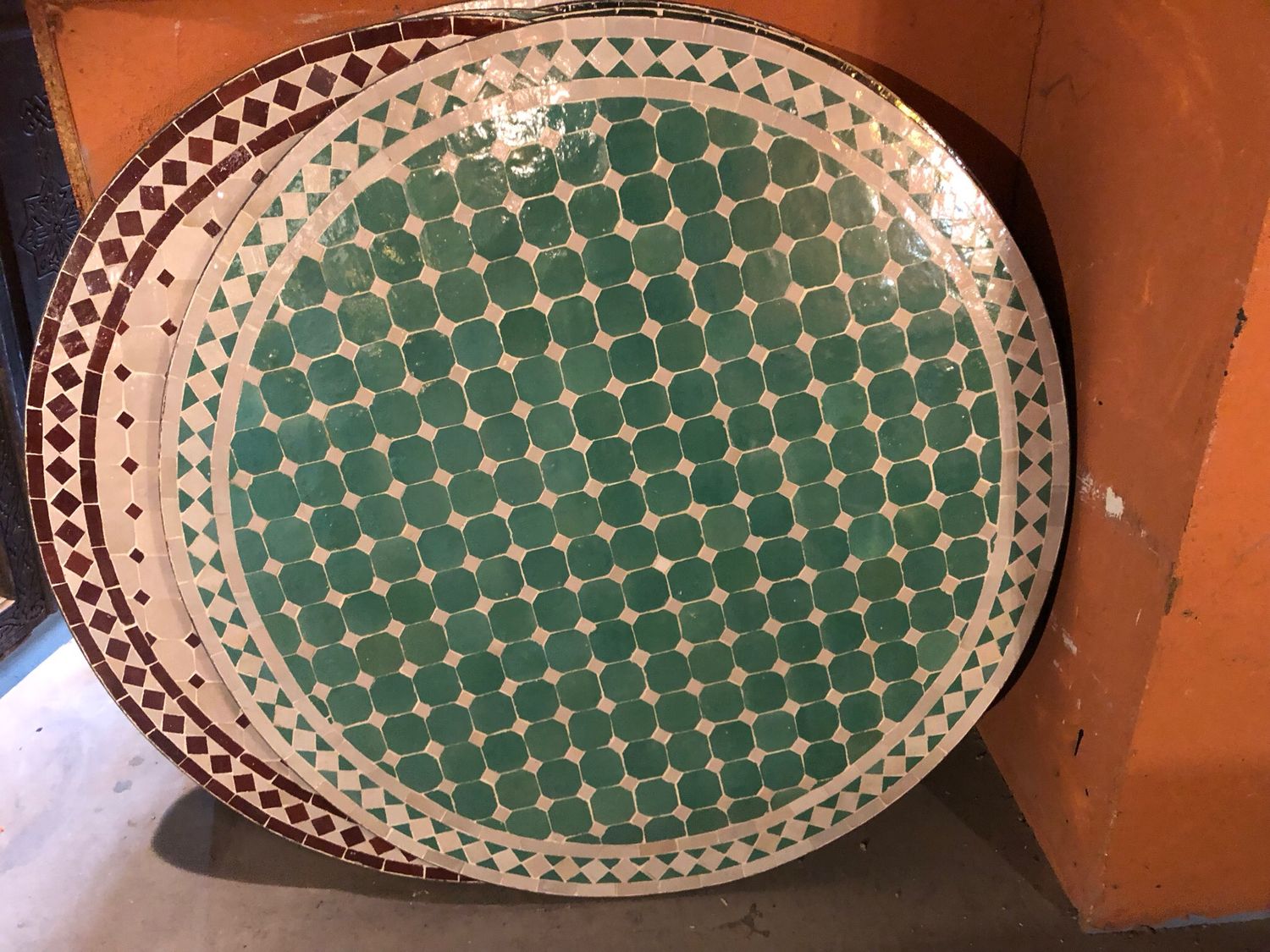 Marokkaanse Mozaiek tafel (blad) 100 cm Zeegroen-Creme Handgemaakt nw