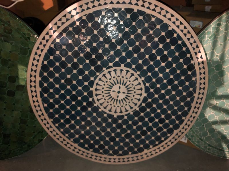 Marokkaanse Mozaiek tafel (blad) Met ROZET  120 cm  Petrolblauw-Creme nw