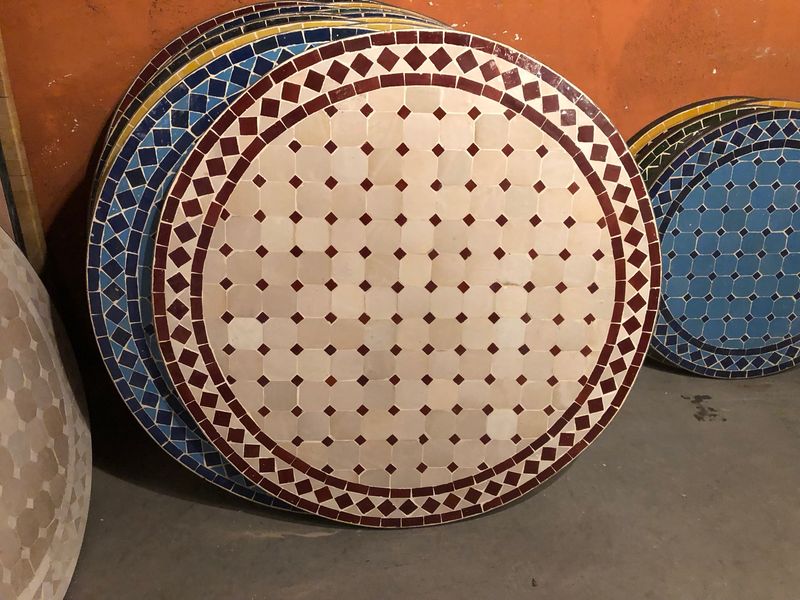 Marokkaanse Mozaiek tafel (blad) 80 cm Crème-Bordeauxrood Handgemaakt N