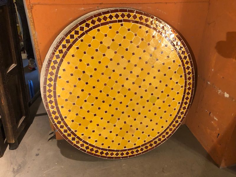 Marokkaanse Mozaiek tafel (blad) 100 cm Geel-Bordeauxrood Handgemaakt N 
