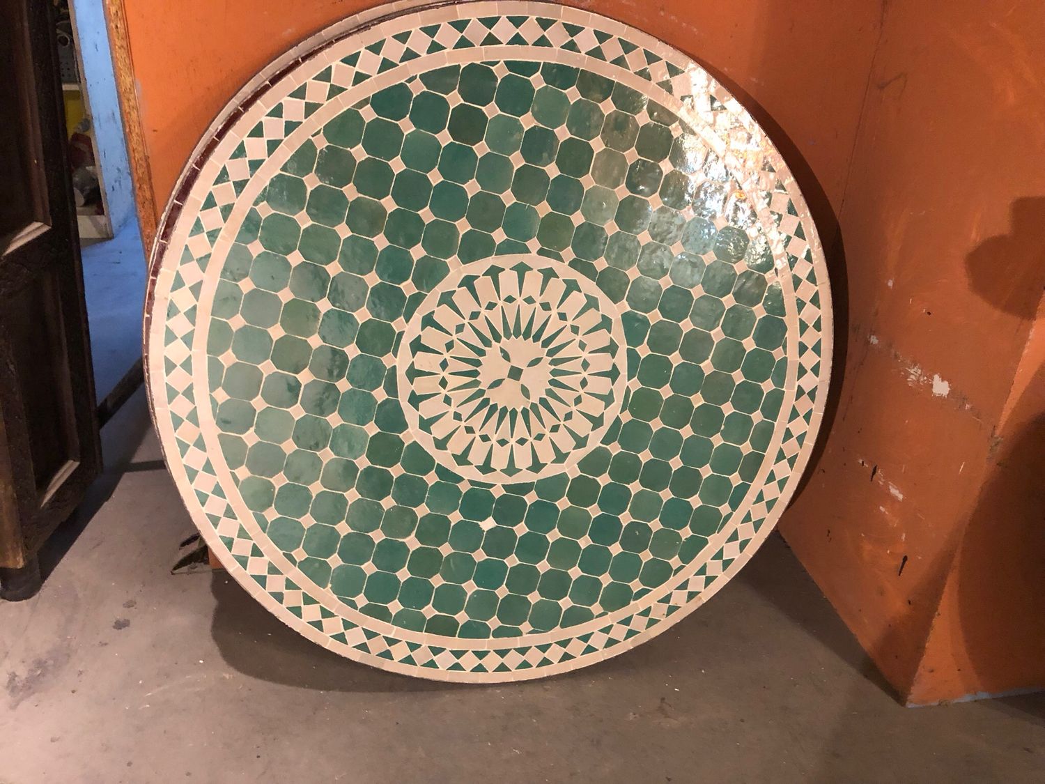 Marokkaanse Mozaiek tafel (blad) 100 cm Met Rozet Zeegroen-Wit Handgemaakt N 