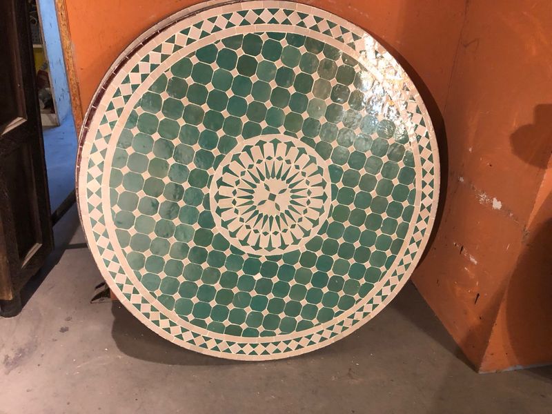 Marokkaanse Mozaiek tafel (blad) 100 cm Met Rozet Zeegroen-Wit Handgemaakt N 