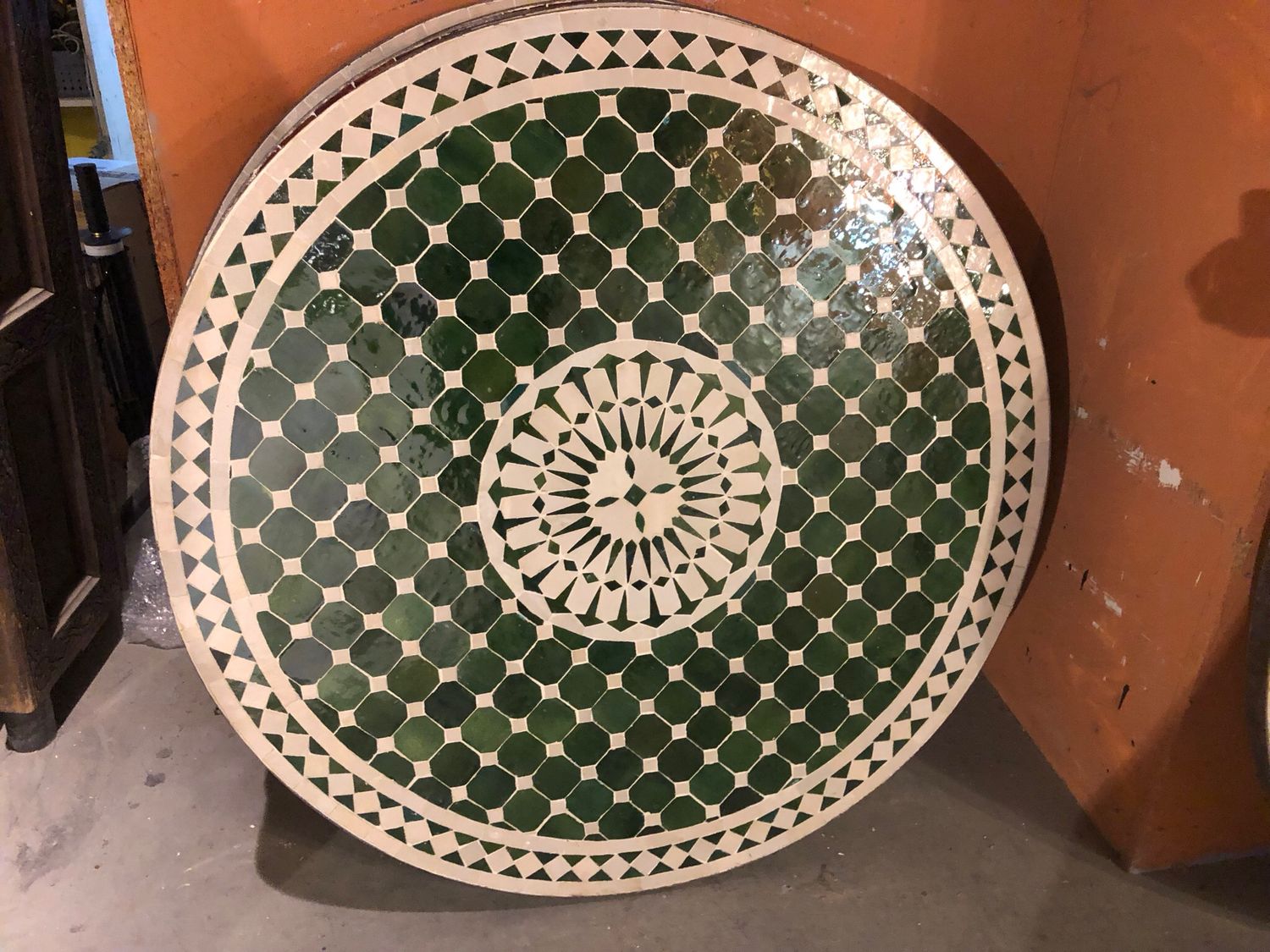 Marokkaanse Mozaiek tafel (blad) 100 cm Met Rozet Tamegroute Groen- creme Handgemaakt N 