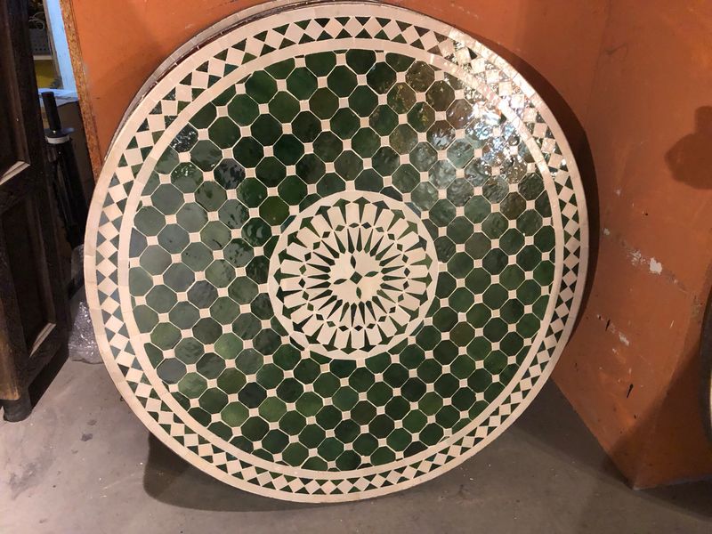 Marokkaanse Mozaiek tafel (blad) 100 cm Met Rozet Tamegroute Groen- creme Handgemaakt N 