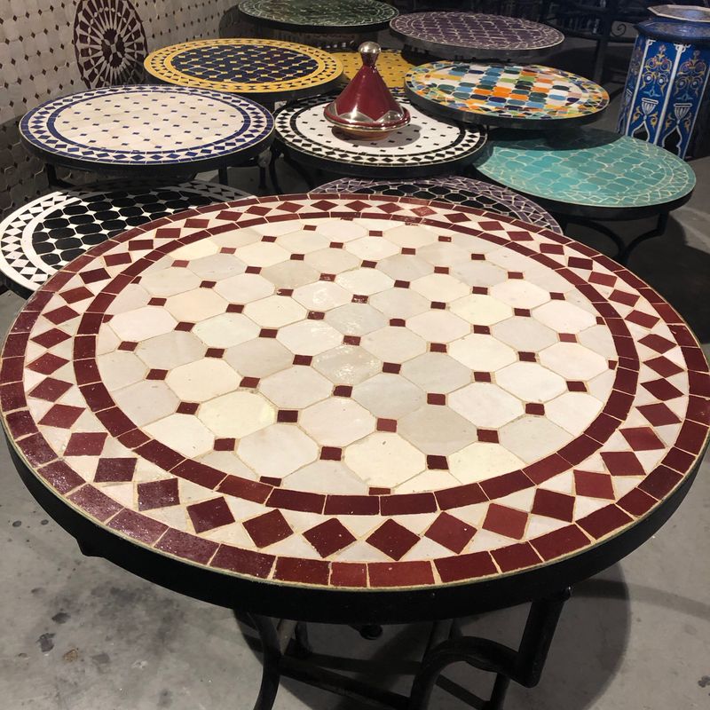 Marokkaanse Mozaiek tafel (blad) 60 cm - Creme-Rood emaillé Handgemaakt