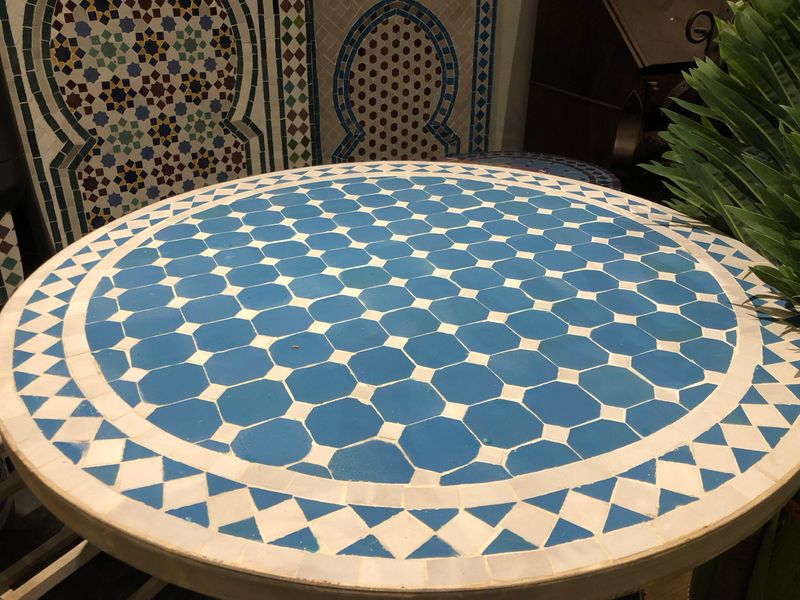Marokkaanse Mozaiek tafel (blad) 80 cm  Turqouise-Wit Handgemaakt