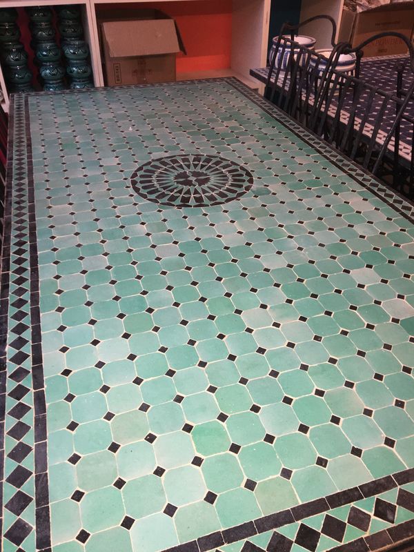 Marokkaanse Mozaiek tafel (blad) Met ROZET 200x100 cm Cement / Zeegroen-Zwart / 140 KG