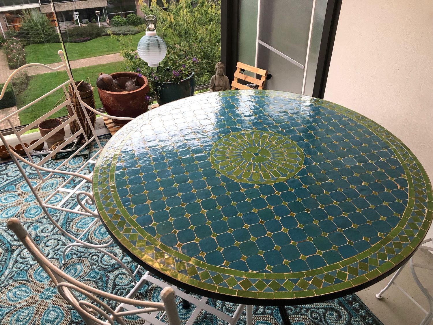 Marokkaanse Mozaiek tafel (blad) Met ROZET 120 cm Turqouise blauw-Appelgroen — detail 2