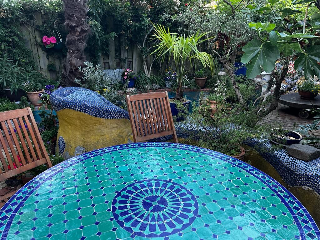 Marokkaanse Mozaiek tafel (blad) Met ROZET 120 cm Zeegroen-Blauw