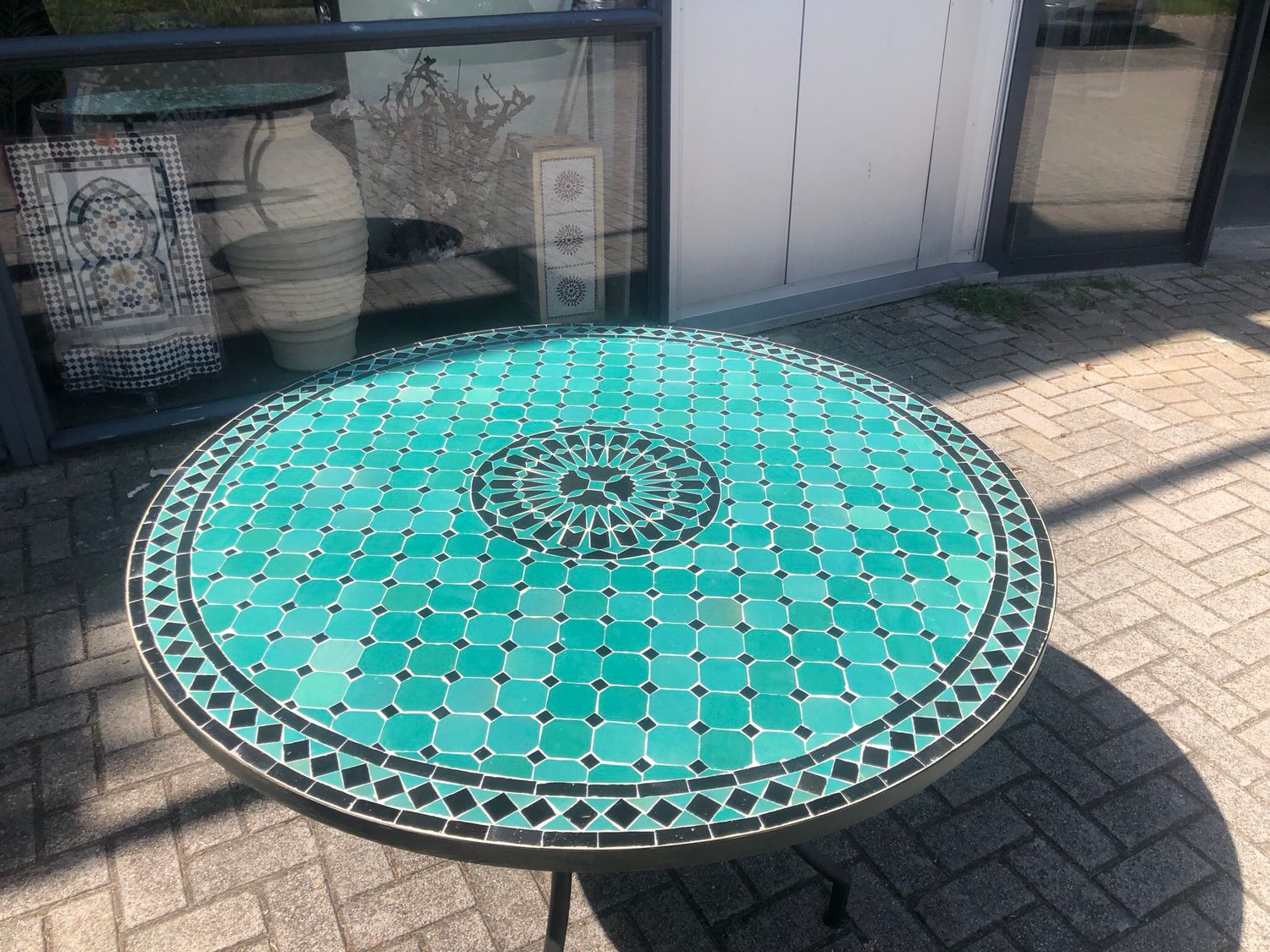 Marokkaanse Mozaiek tafel (blad) Met ROZET 120 cm Zeegroen- Zwart — detail 7