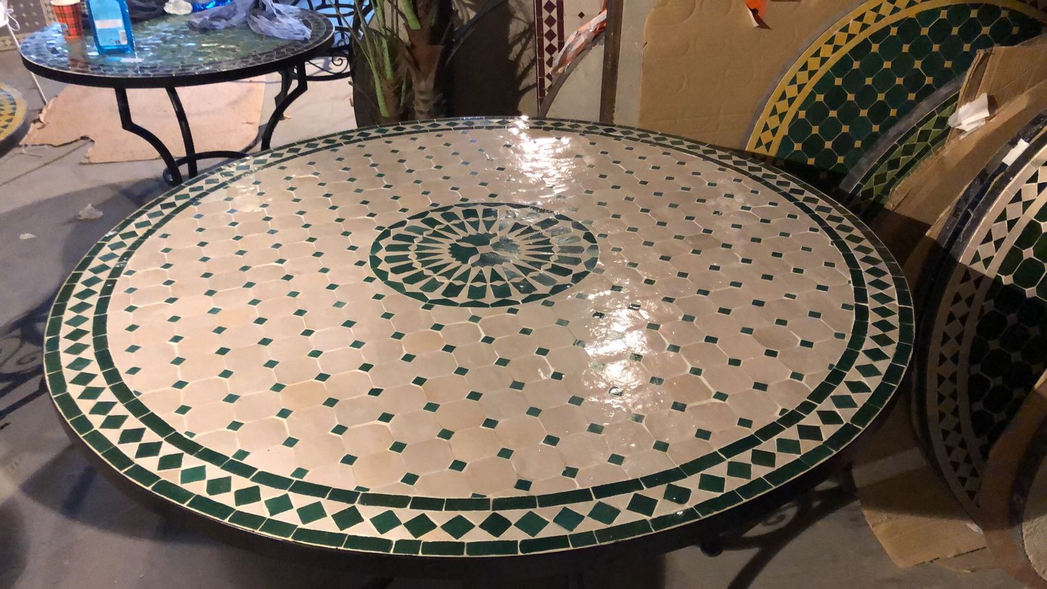 Marokkaanse Mozaiek tafel (blad) Met ROZET  120 cm  Creme-Groen nw