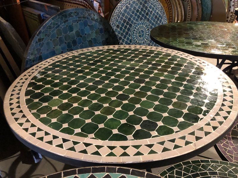 Marokkaanse Mozaiek tafel (blad) 100 cm Groen-Crème Handgemaakt N 