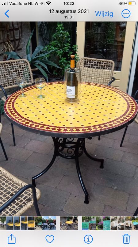 Marokkaanse Mozaiek tafel (blad) 100 cm Geel-Bordeauxrood Handgemaakt N 