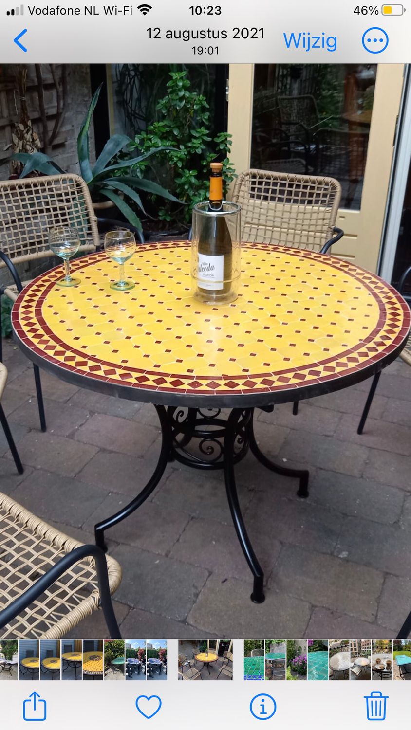 Marokkaanse Mozaiek tafel (blad) 100 cm Geel-Bordeauxrood Handgemaakt N Marokkaanse Mozaiek tafel (blad) 100 cm Geel-Bordeauxrood Handgemaakt N