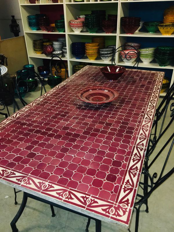 Marokkaanse Mozaiek tafel (blad) Met ROZET 200x100 cm Cement / Bordeaux rood Gegraveerd / 140 KG