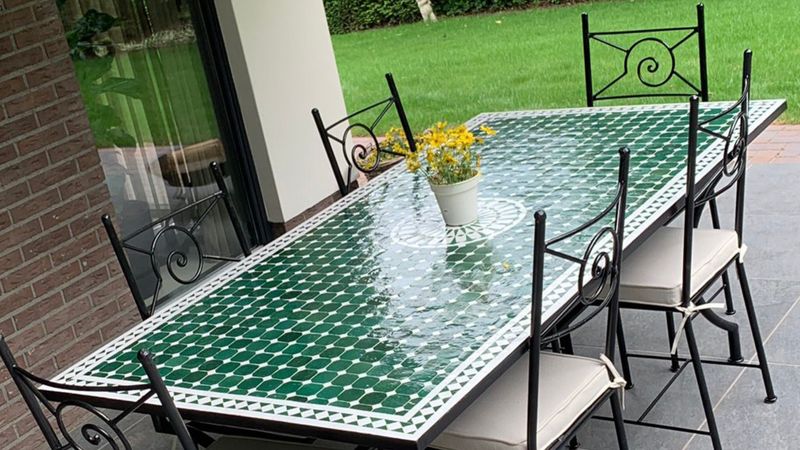 Marokkaanse Mozaiek tafel (blad) Met ROZET 200x100 cm Groen - Wit / Lichtgewicht  / 50 KG