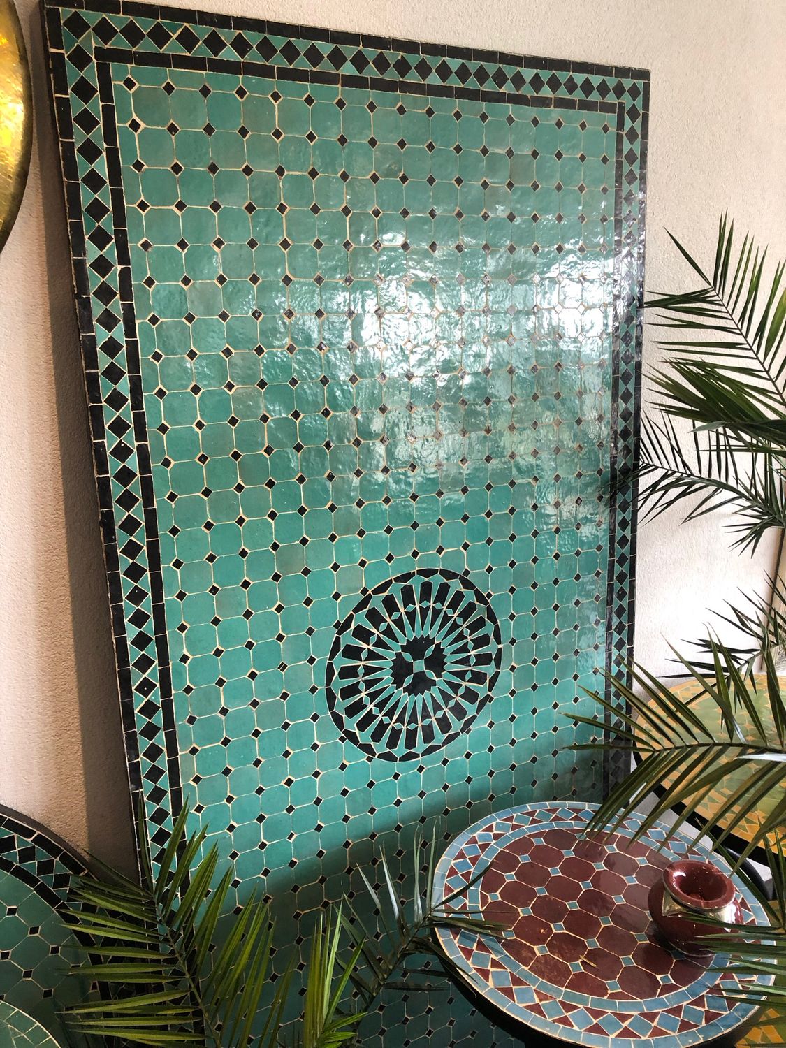 Marokkaanse Mozaiek tafel (blad) Met ROZET 200x100 cm Zeegroen-Zwart/ Lichtgewicht  / 50 KG