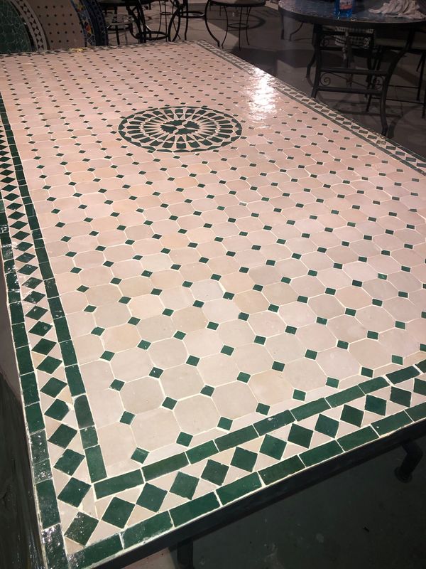 Marokkaanse Mozaiek tafel (blad) Met ROZET 200x100 cm Creme-Groen/ Lichtgewicht  / 50 KG