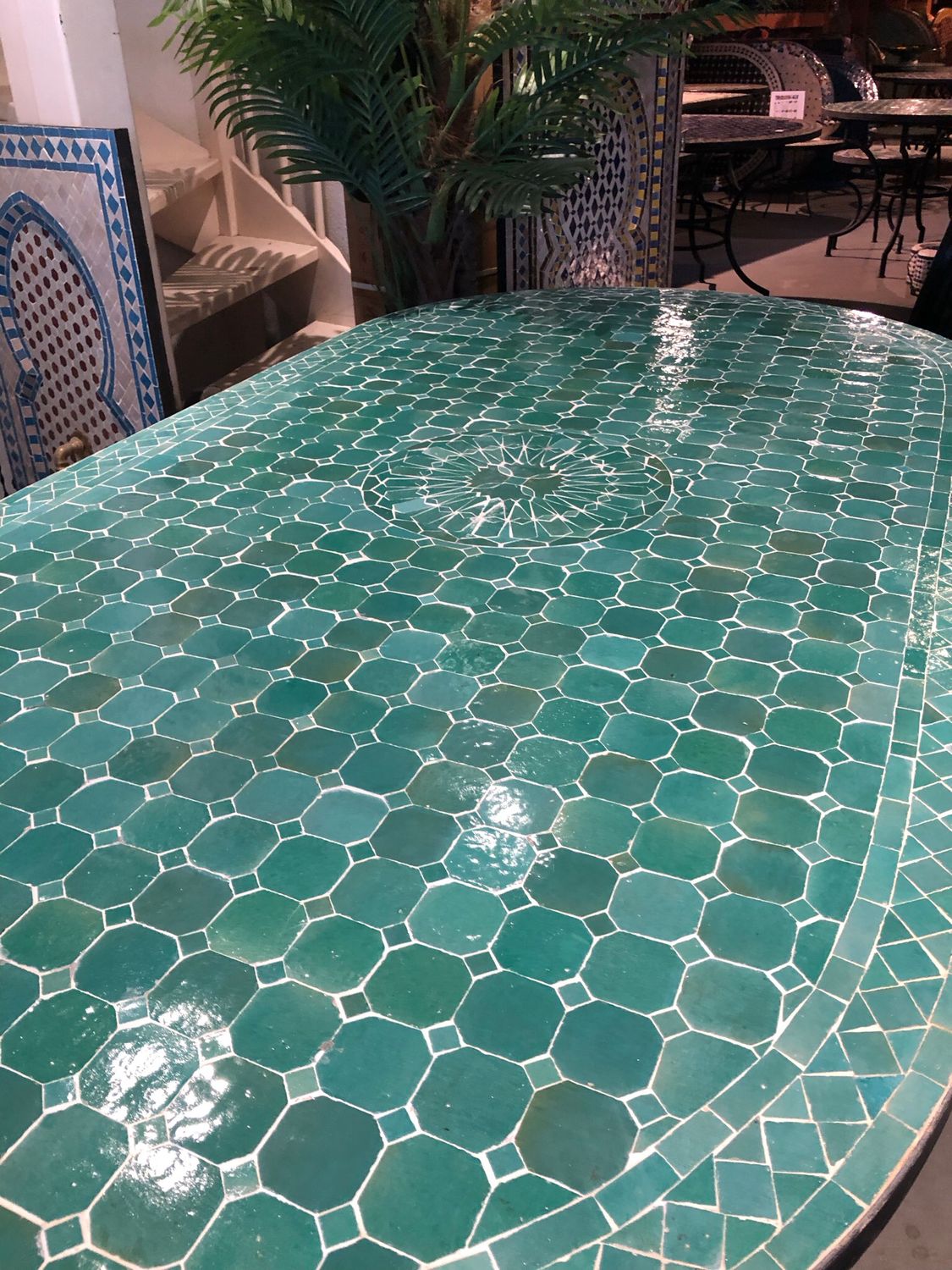 Marokkaanse Mozaiek tafel (blad) Met ROZET 200x100 cm Ovaal  Zeegroen/ Lichtgewicht  / 45 KG