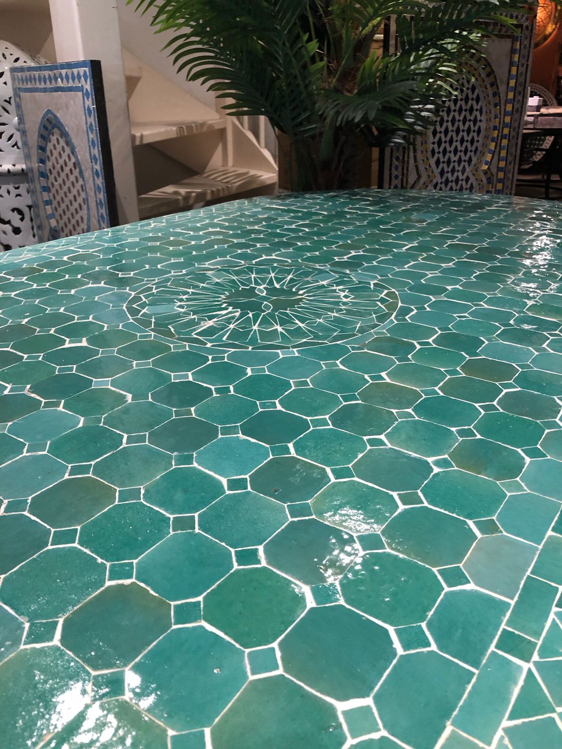 Marokkaanse Mozaiek tafel (blad) Met ROZET 200x100 cm Ovaal Zeegroen/ Lichtgewicht / 45 KG — detail 4