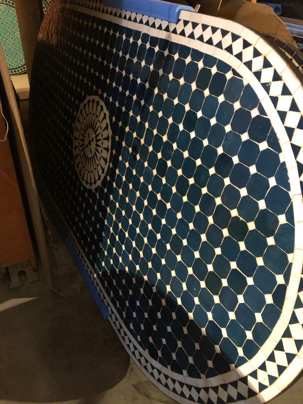 Marokkaanse Mozaiek tafel (blad) Met ROZET 200x100 cm Ovaal  Petrol blauw-Wit/ Lichtgewicht  / 45 KG