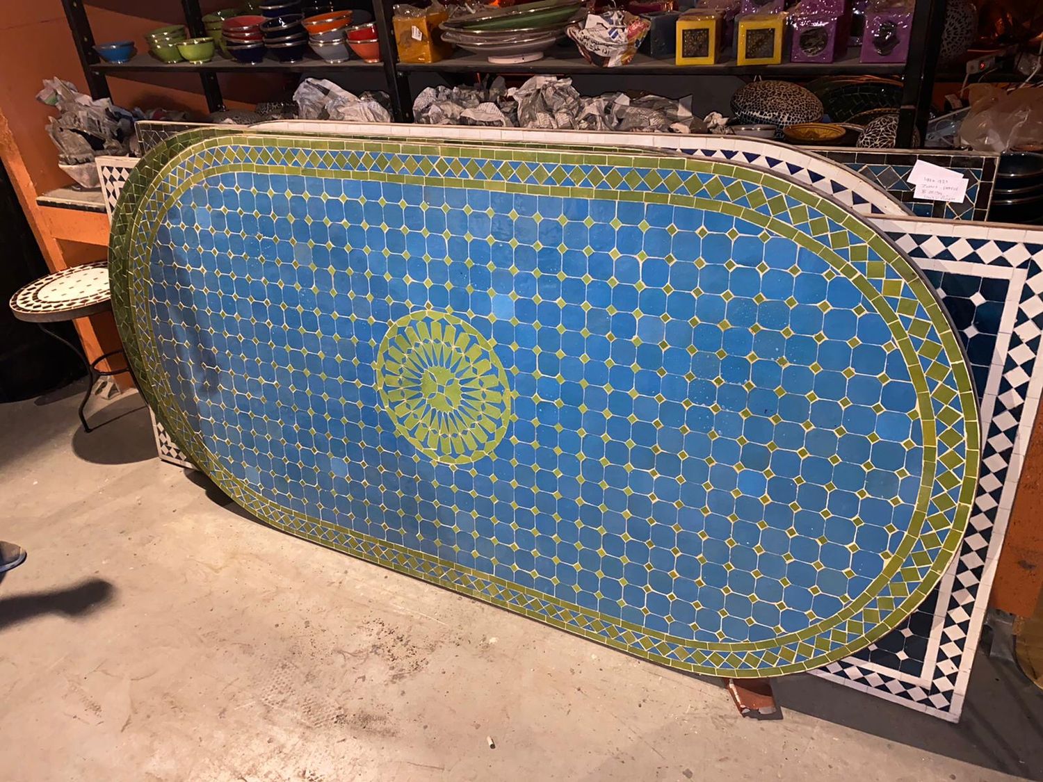 Marokkaanse Mozaiek tafel (blad) Met ROZET 200x100 cm Ovaal  Turqouise-Appelgroen/ Lichtgewicht  / 45 KG