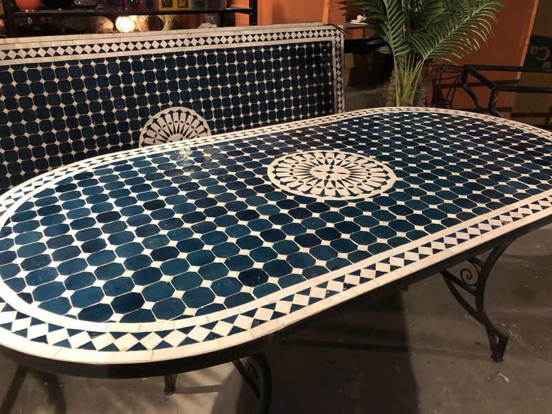 Marokkaanse Mozaiektafel 180 cm Ovaal Petrolblauw-Wit Inclusief Beste Onderstel en Afwerking ! Marokkaanse Mozaiektafel 180 cm Ovaal Petrolblauw-Wit Inclusief Beste Onderstel en Afwerking !