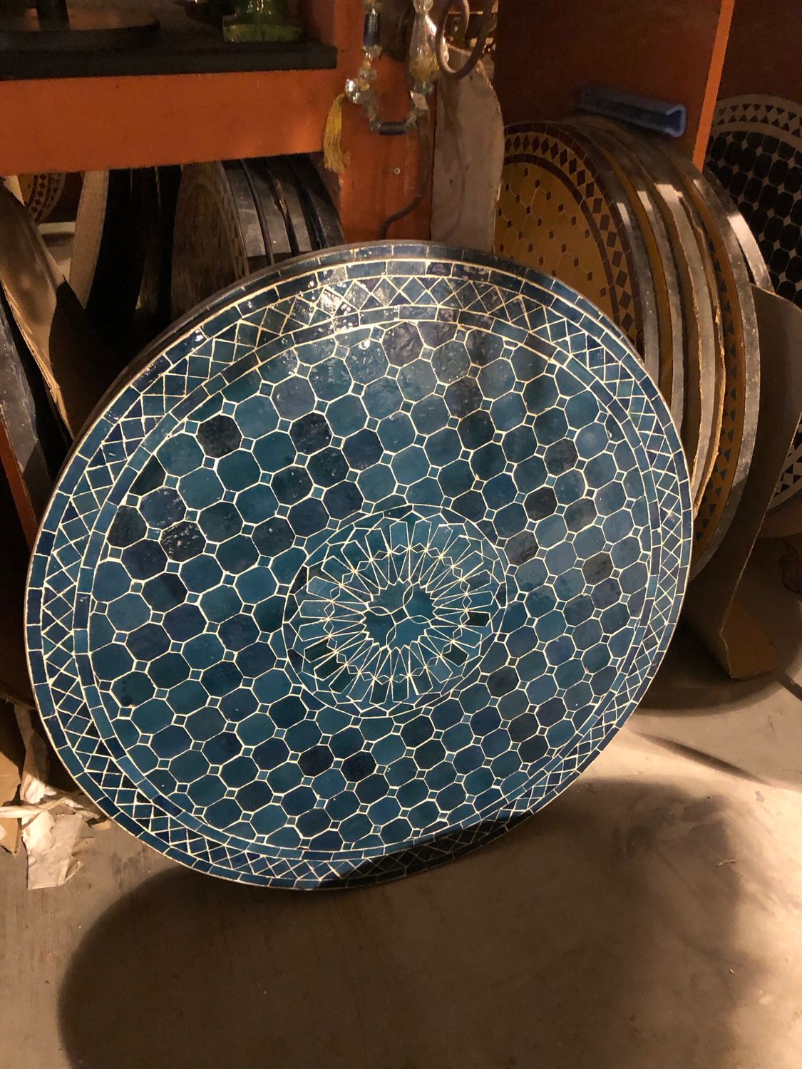 Marokkaanse Mozaiek tafel (blad) Met ROZET 100 cm Petrolblauw-Uni