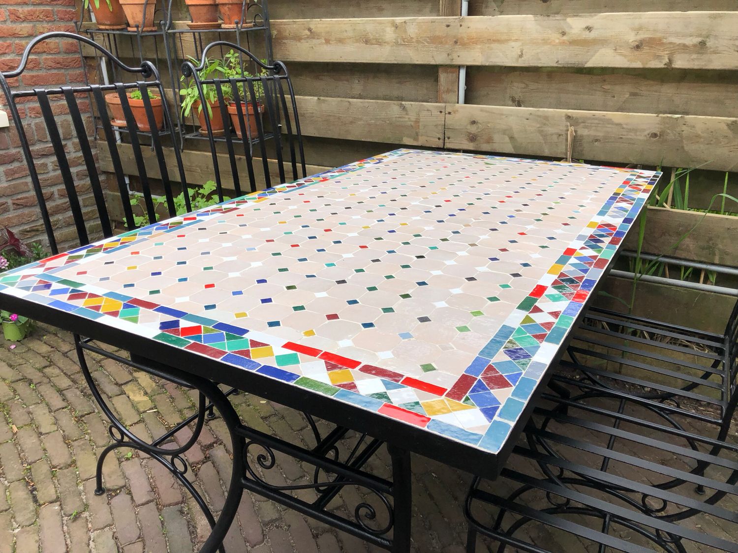 Handgemaakte Marokkaanse Mozaiek tafel (blad) - 140 x 80 cm Creme-Multicolor Handgemaakt — detail 3