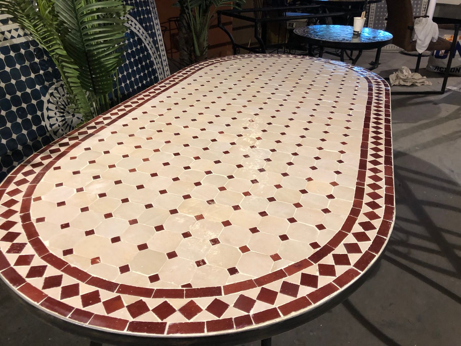 Handgemaakte Marokkaanse Mozaiek tafel (blad) - 160 x 80 cm Ovaal creme rood Handgemaakt