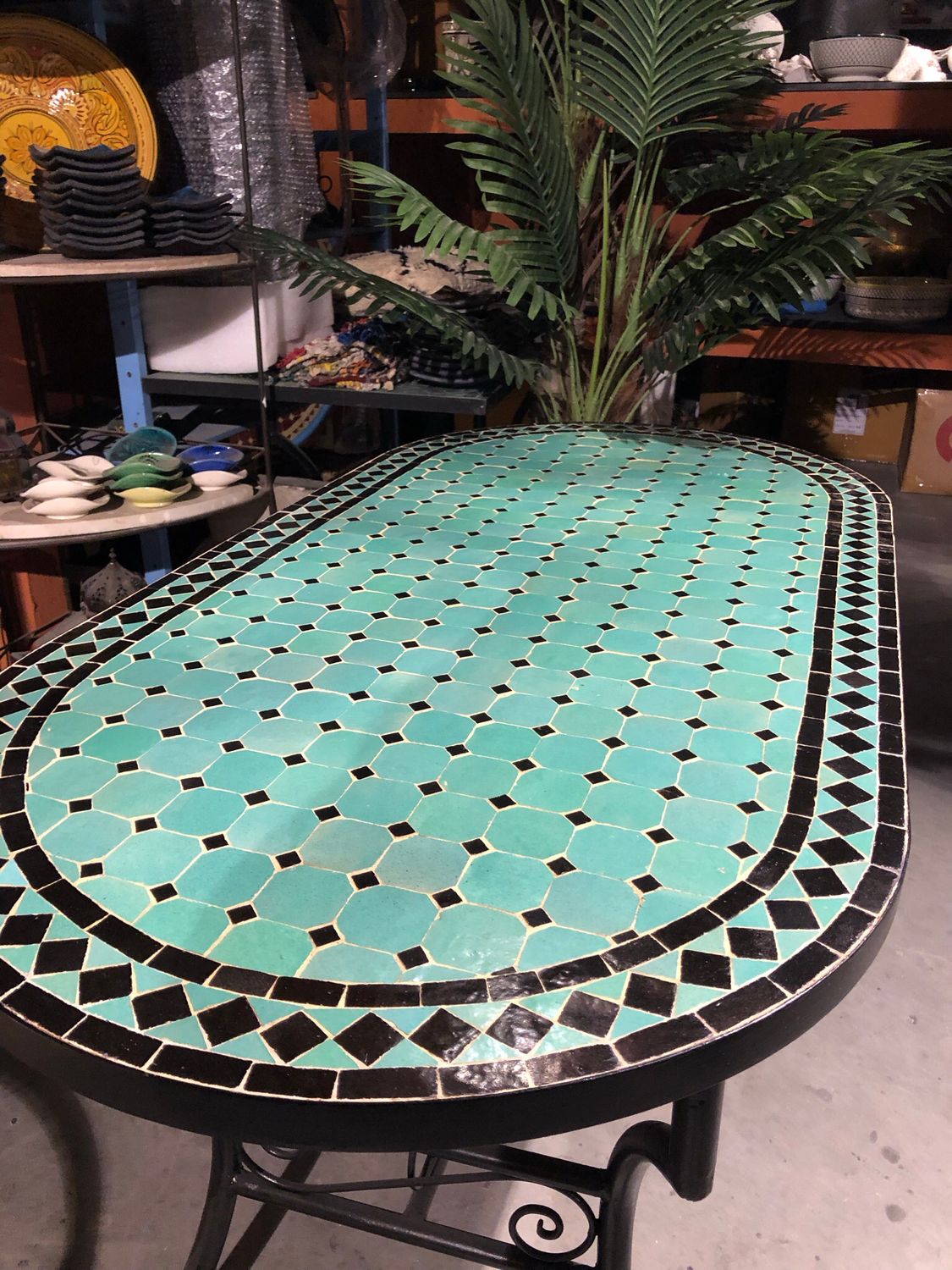 Handgemaakte Marokkaanse Mozaiek tafel (blad) - 140 x 70 cm  Ovaal Zeegroen-Zwart  Handgemaakt