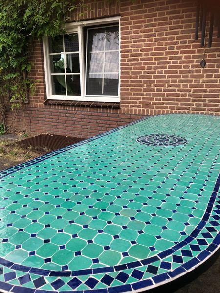 Marokkaanse Mozaiektafel 280 cm Ovaal Zeegroen -Blauw Inclusief Beste Onderstel en Afwerking !