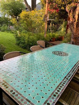 Marokkaanse Mozaiektafel 280x100  cm Zeegroen-Zwart Inclusief Beste Onderstel en Afwerking !