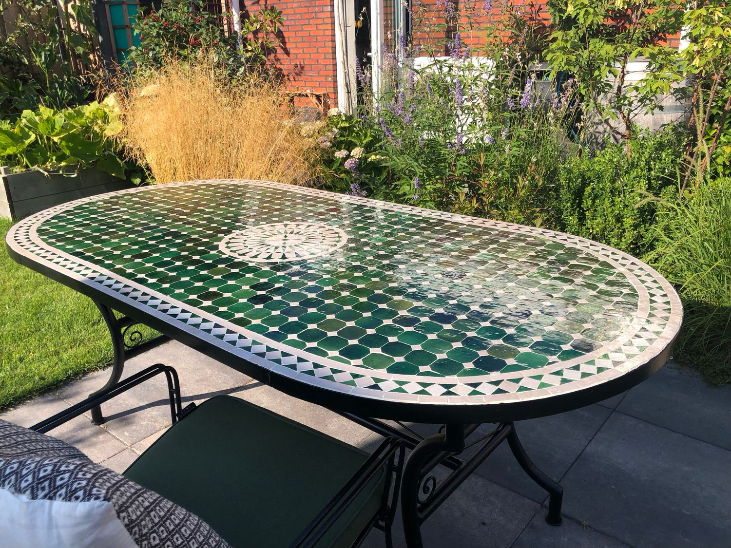 Marokkaanse Mozaiek tafel (blad) Met ROZET 200x100 cm Ovaal  Tamegroute Groen-Creme / Lichtgewicht  / 45 KG